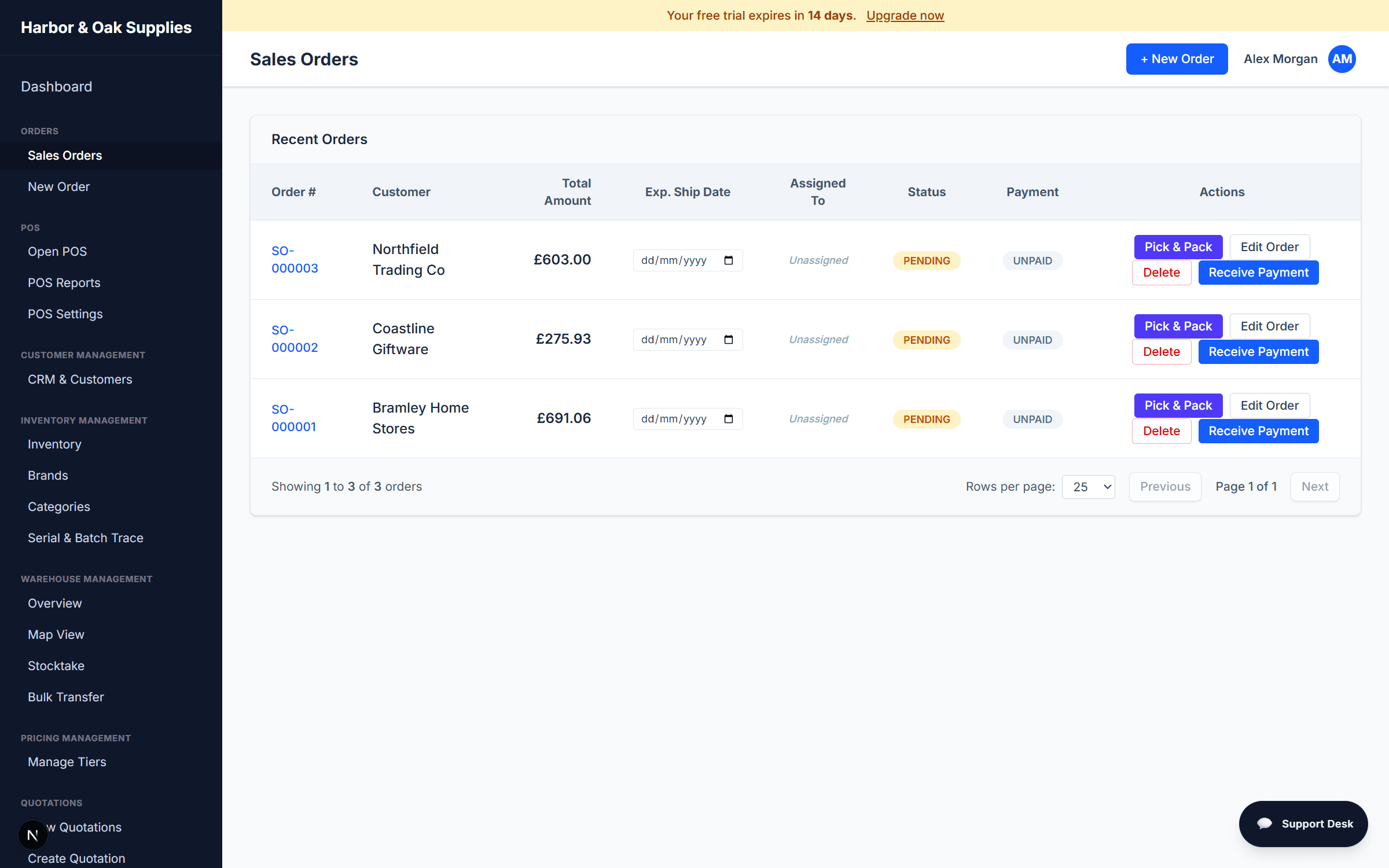 WMSBIZ sales orders screen with pending orders ready for pick and pack, payment status, and one-click fulfillment actions