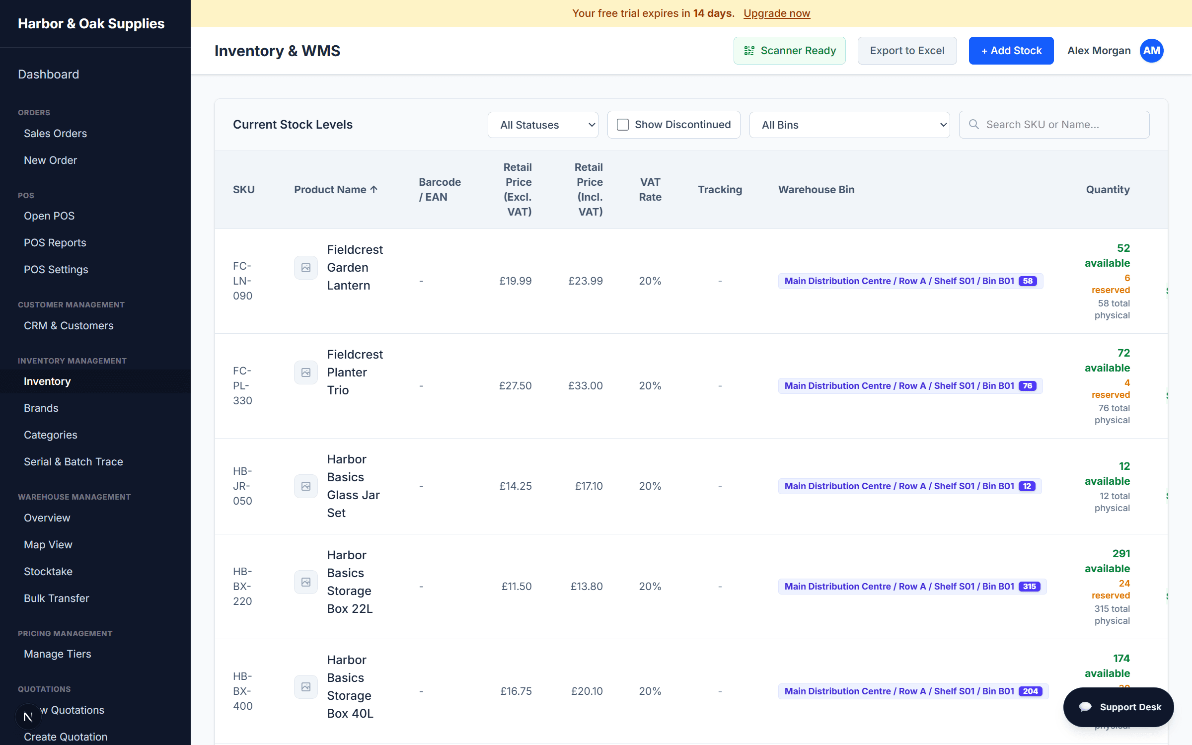 WMSBIZ live inventory screen showing stock levels, reserved quantities, VAT-inclusive pricing, and warehouse bin locations per SKU