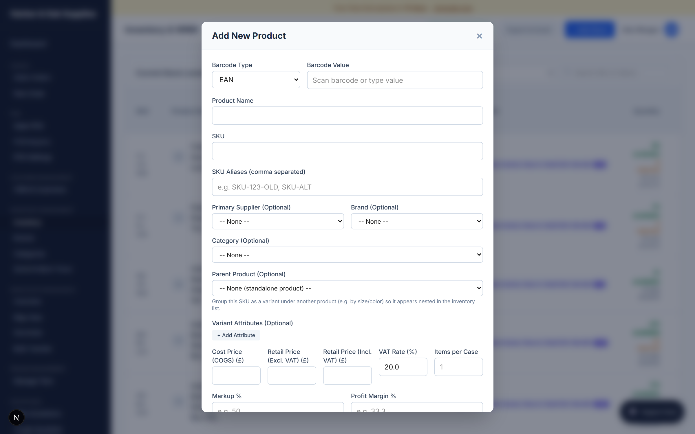 The Add New Product form with barcode, SKU, SKU aliases, supplier, brand, category, pricing and VAT fields