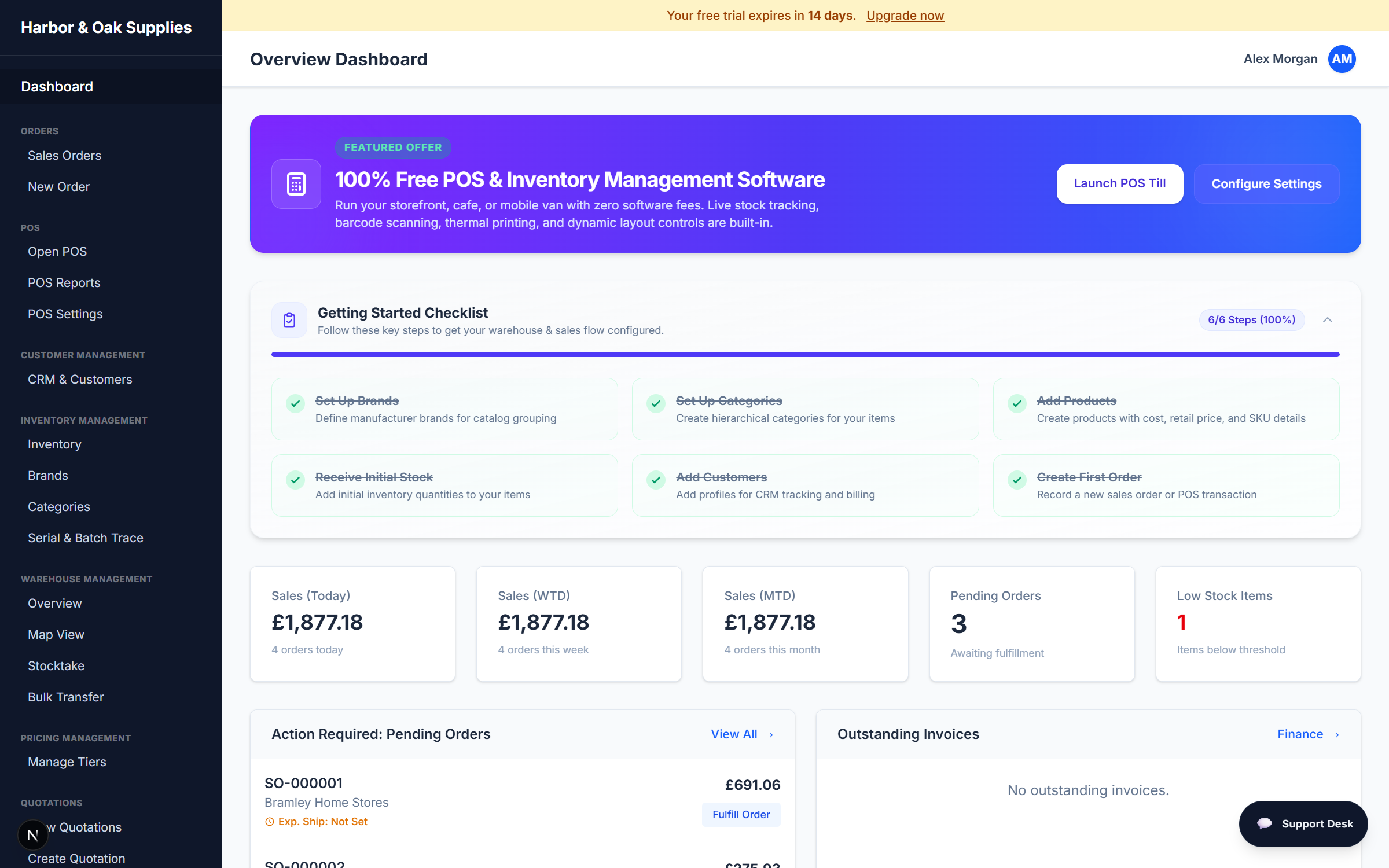 The WMSBIZ overview dashboard with live sales stats and the getting-started checklist