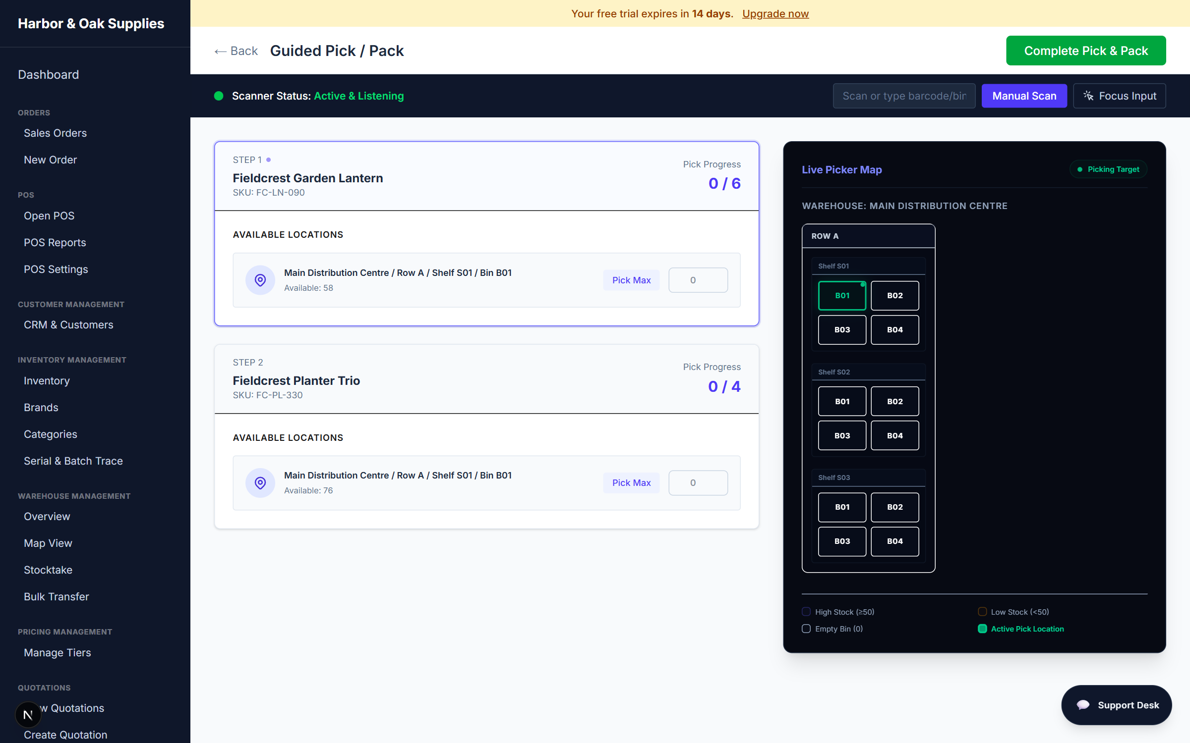 The Guided Pick / Pack screen with step-by-step pick list, bin locations, scanner status, and the live picker map highlighting the active bin